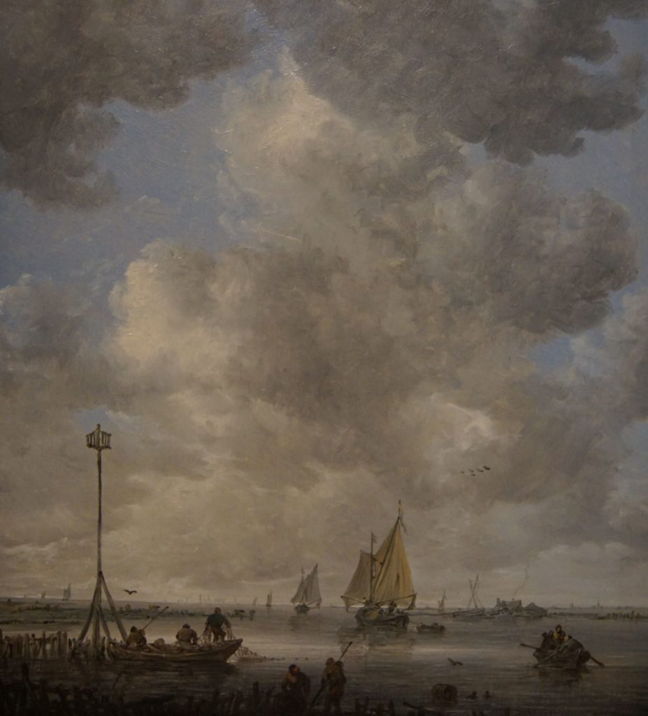 Jan van Goyen, De rustige zee, olieverf op paneel, Schilderij uit Boedapest nu te zien in het Frans Hals Museum te Haarlem in de tentoonstelling Meesters uit Boedapest. Schilderij wordt uitgebreid in de rondleidingen van Artetcetera besproken.