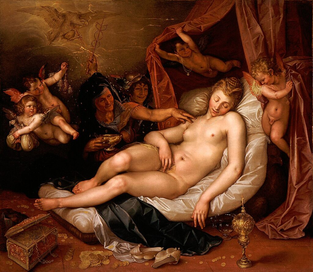 Afbeelding van een schilderij van Hendrick Goltzius met de voorstelling Danae en de Gouden Regen.