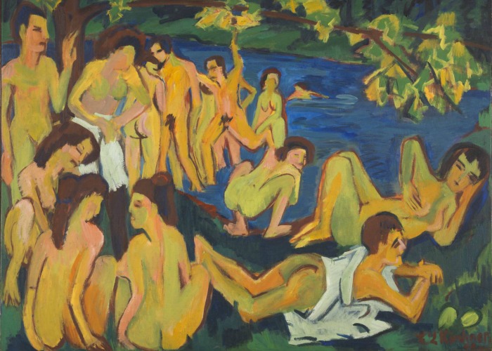 Afbeelding van een schilderij van Ernst Ludwig Kirchner met badende mensen in Moritzburg, nabij Dresden