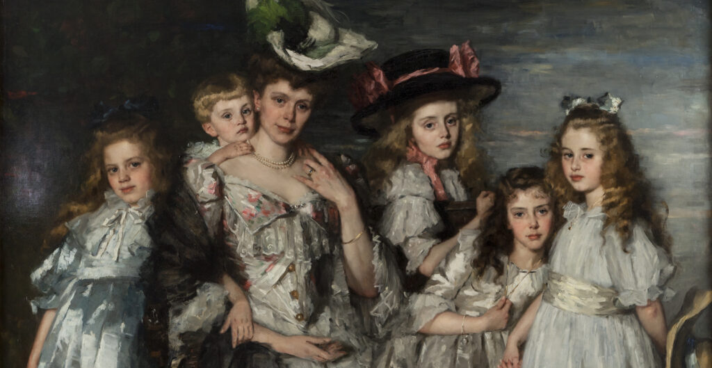 Schilderij van Thérèse Schwartze. Het toont een portreten van mevrouw A. van Ogtrop-Hanlo met haar vijf kinderen. Het is geschilderd in 1906